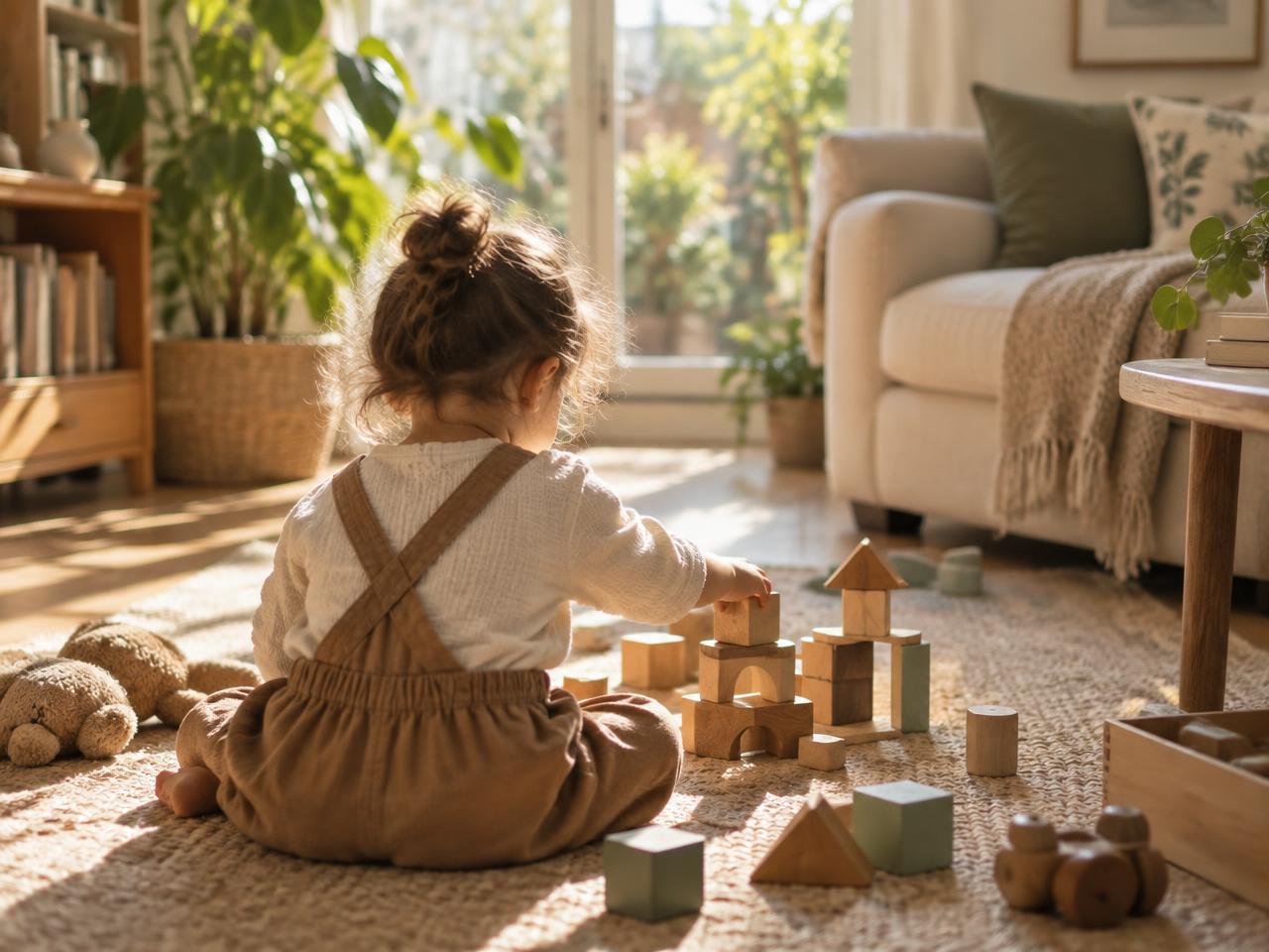A young child playing with wooden blocks in a sunlit room