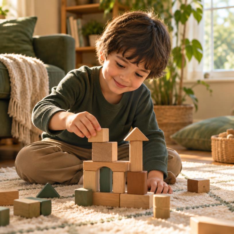 A young child building a tower with wooden blocks in a sunlit room